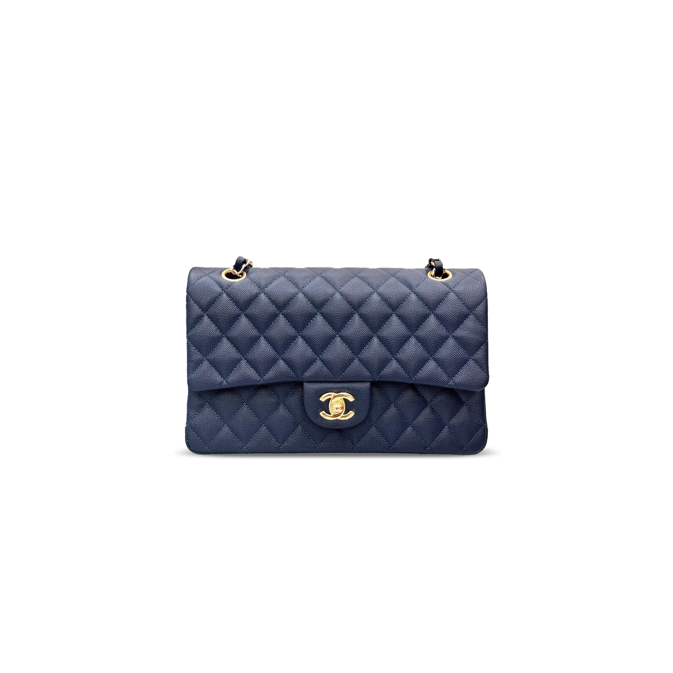 Ch**el master quilted caviar medium double classic flap navy blue (25*16*6cm)